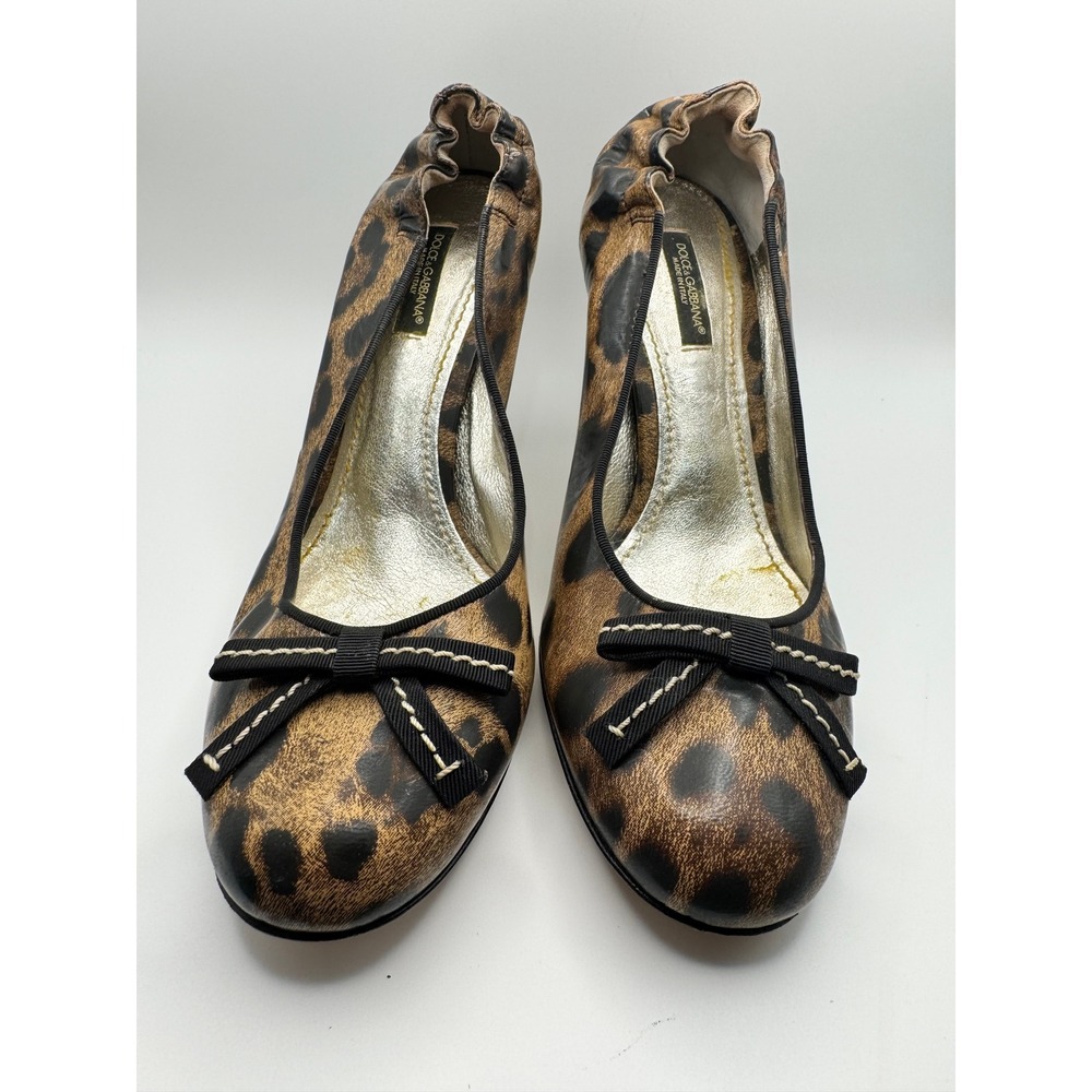 Dolce & Gabbana Leopard Print Leather Bow Pumps Heels Brown Black IT 37 US 7